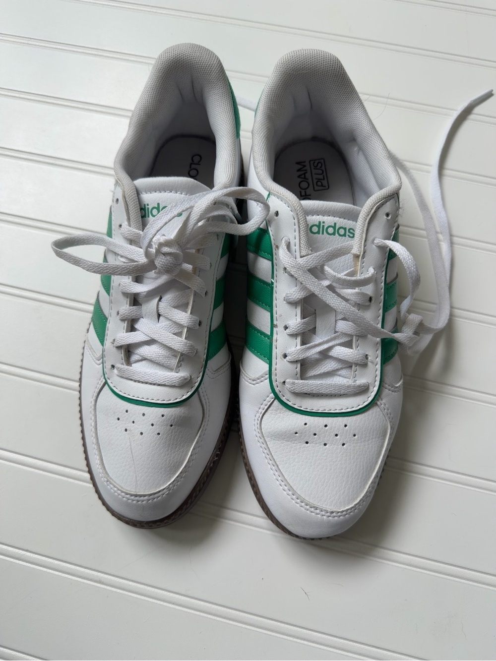 adidas White and Green Cloudfoam Plus Sneakers